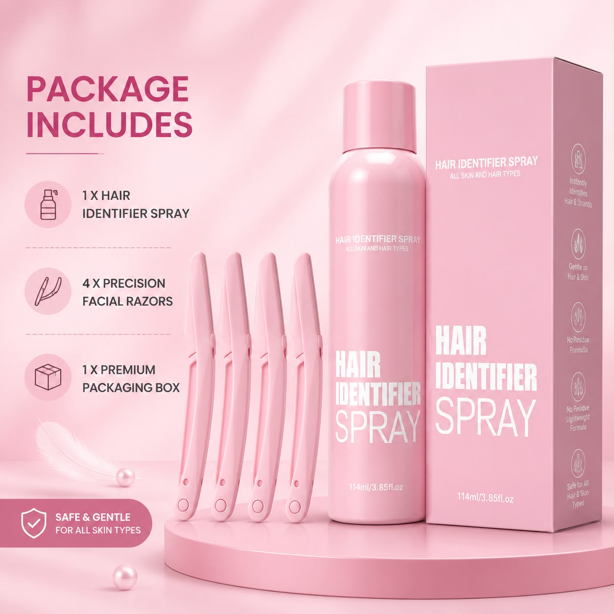 Hair Identifier Spray with precision facial razors for smooth skin